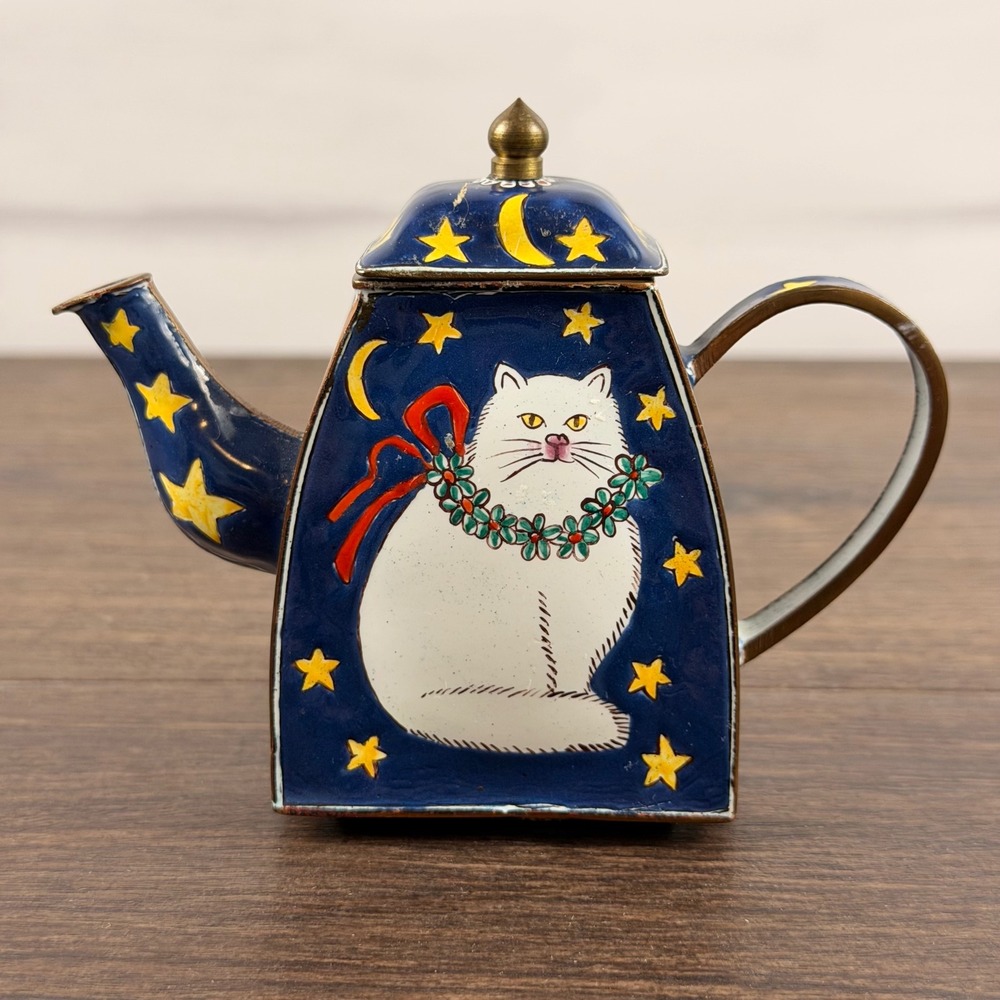 Kelvin Chen Style Mini Enamel Teapot White Cat Moon Stars 1990s